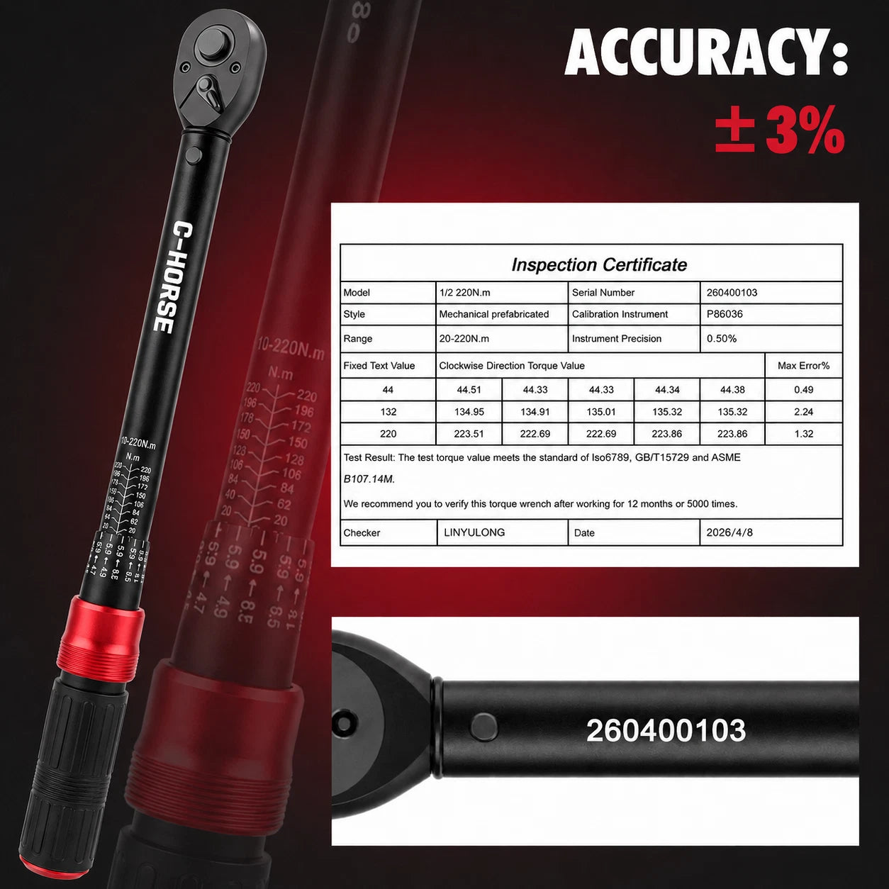 C-HORSE Professional Click Type Ratcheting Torque Wrench 1/4" 3/8" 1/2" Drive