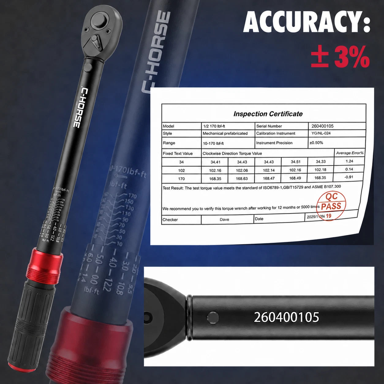 C-HORSE Professional Click Type Ratcheting Torque Wrench 1/4" 3/8" 1/2" Drive