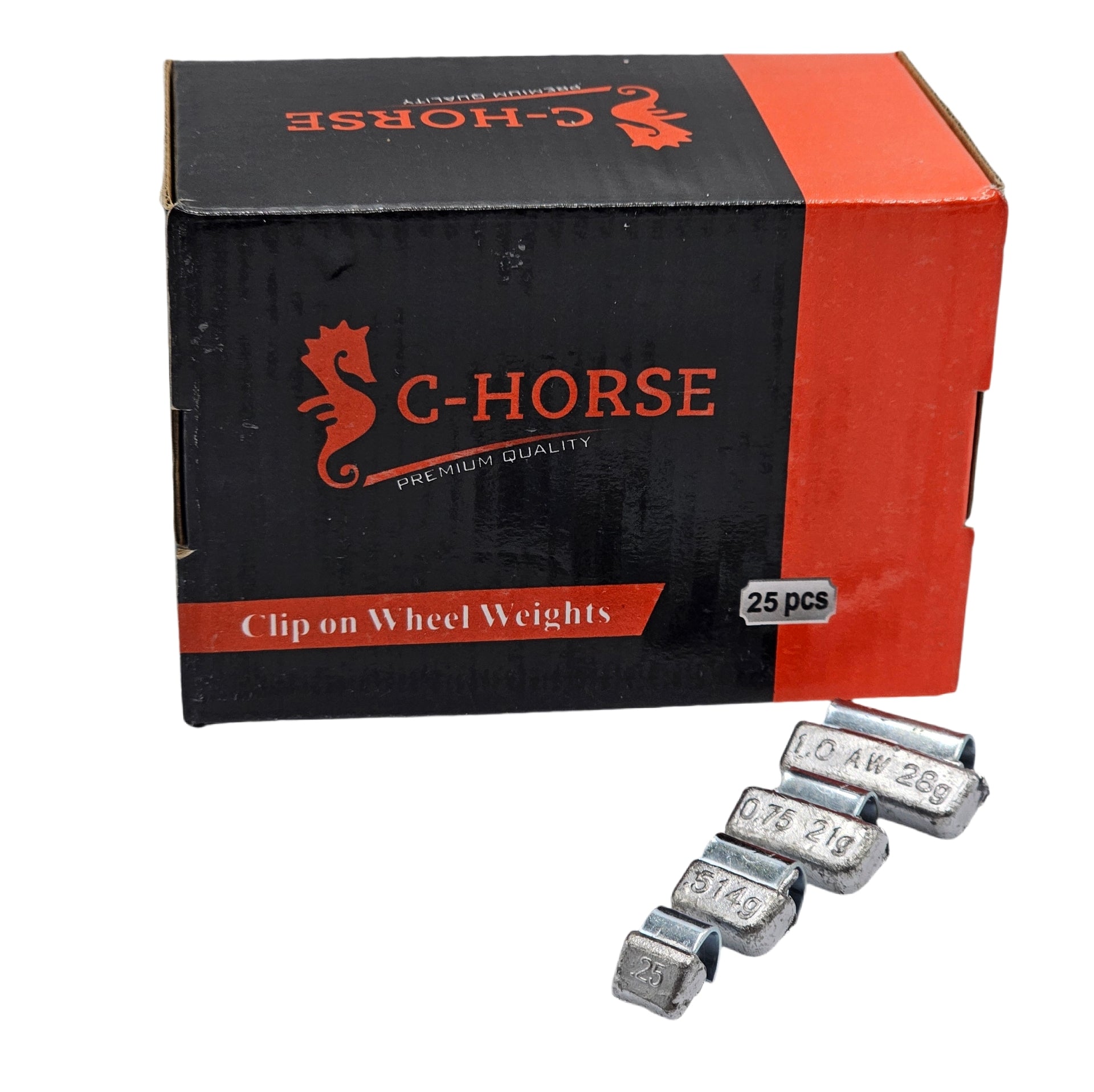 Box of C-Horse clip-on wheel weights with weights displayed in front