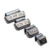 Set of metal weights with engraved measurements on a white background