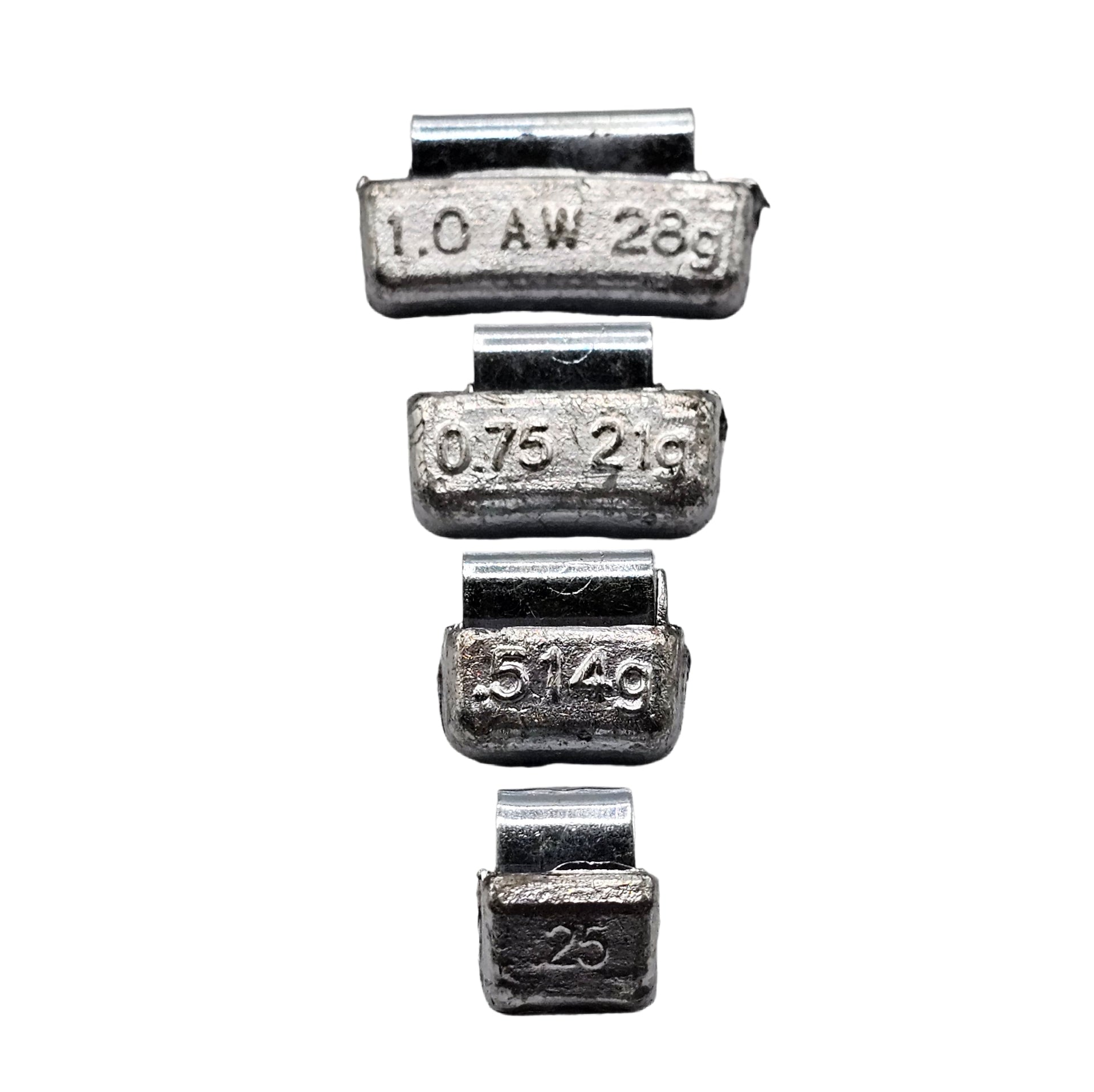 Set of four metal weights with measurements on a white background