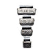 Set of four metal weights with measurements on a white background