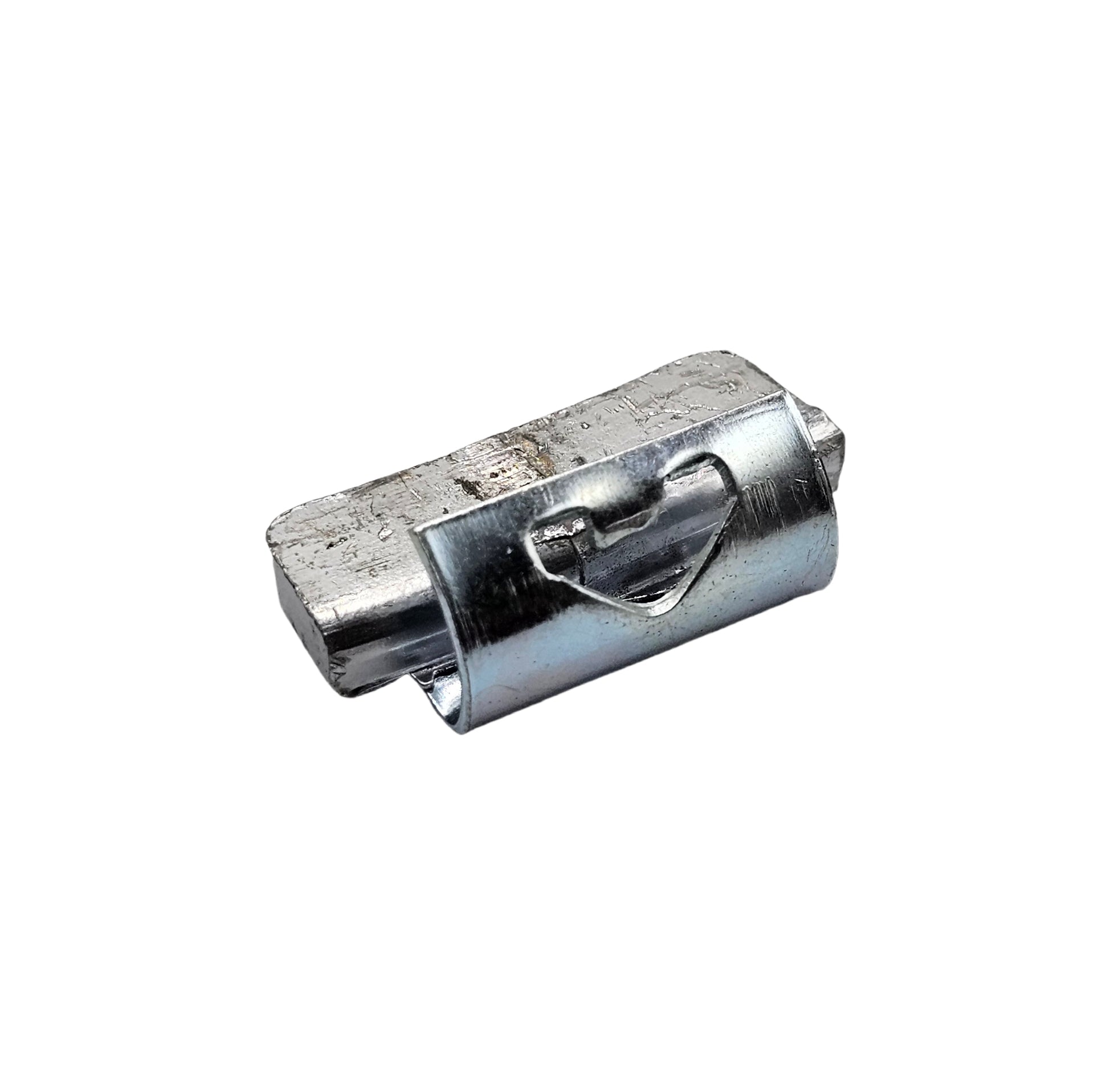 Metallic cylindrical component on a white background