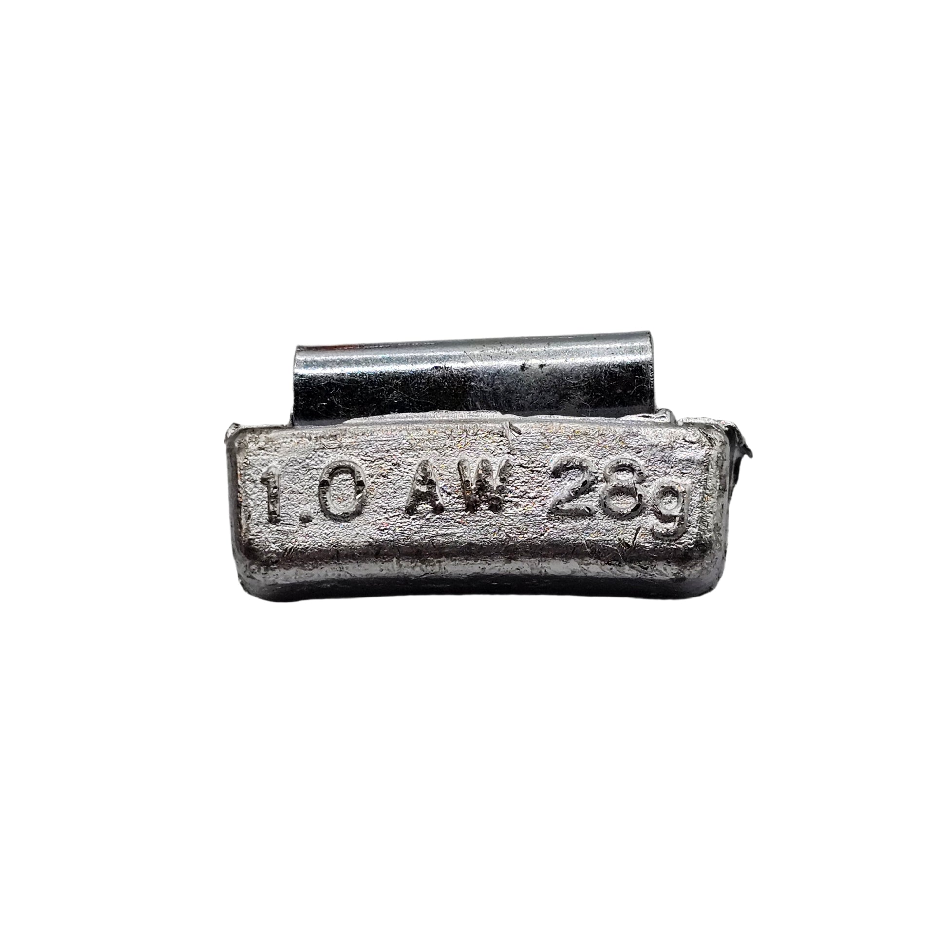 Metal clip with '1.0 AW 28g' marking on a white background