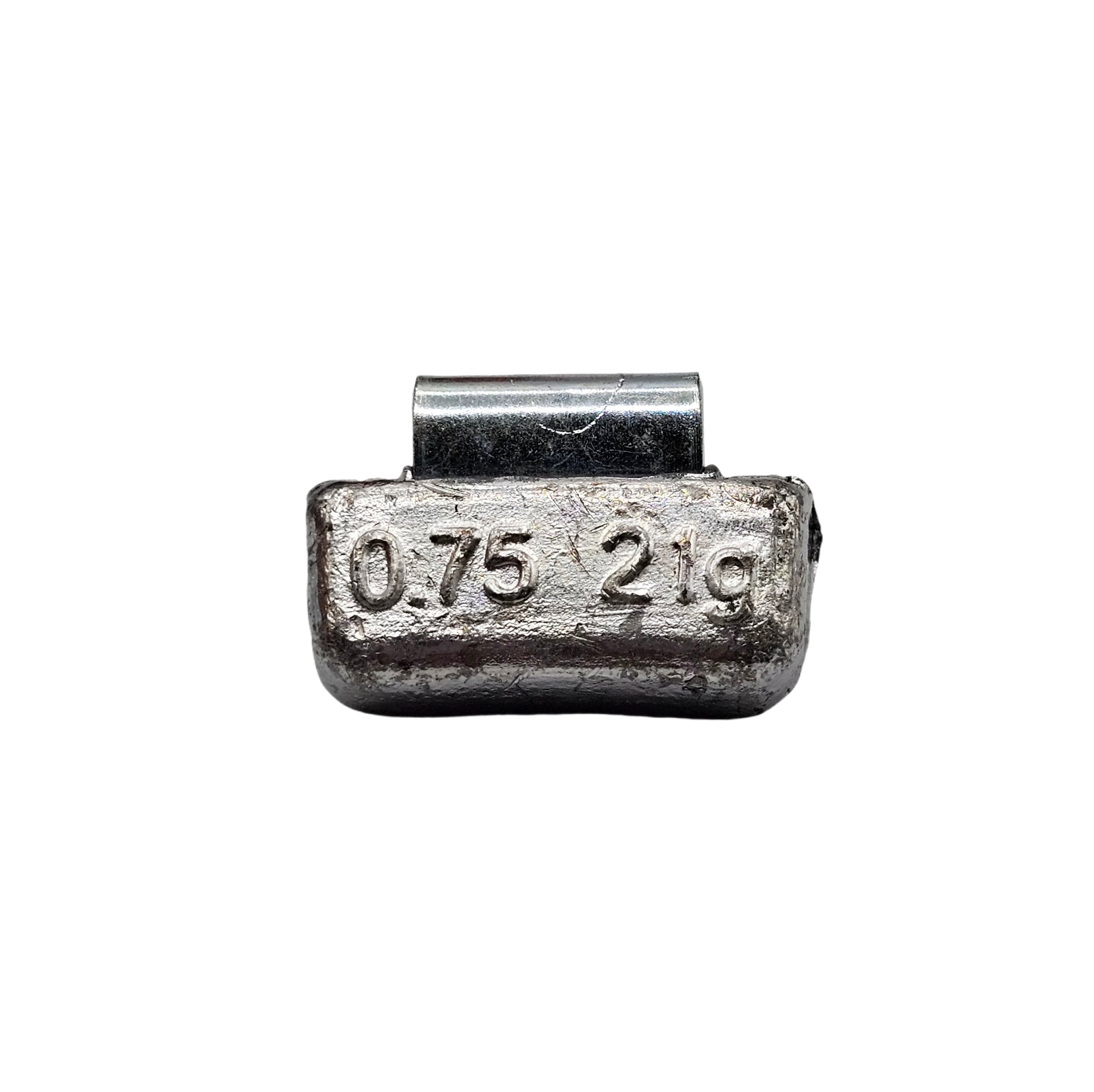 Metal weight with measurement '0.75 21g' on a white background