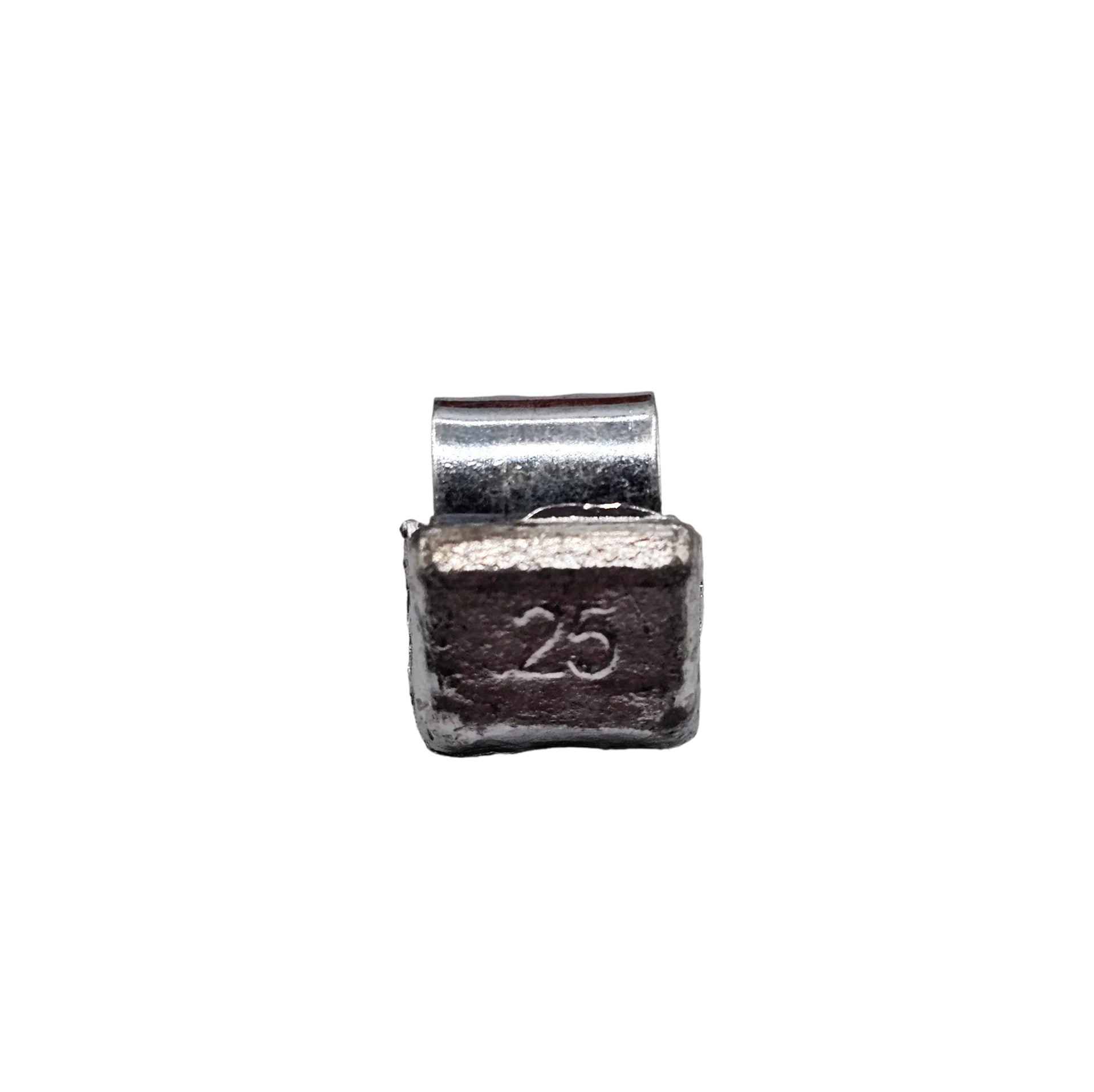 Small silver metal clip with '25' engraving on a white background