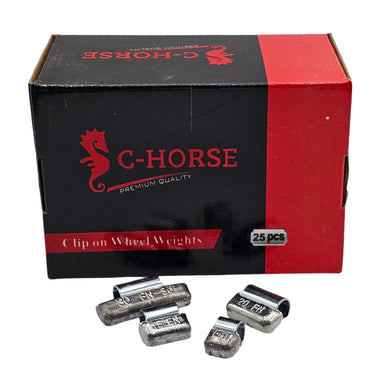 Box of C-Horse clip-on wheel weights with weights displayed in front