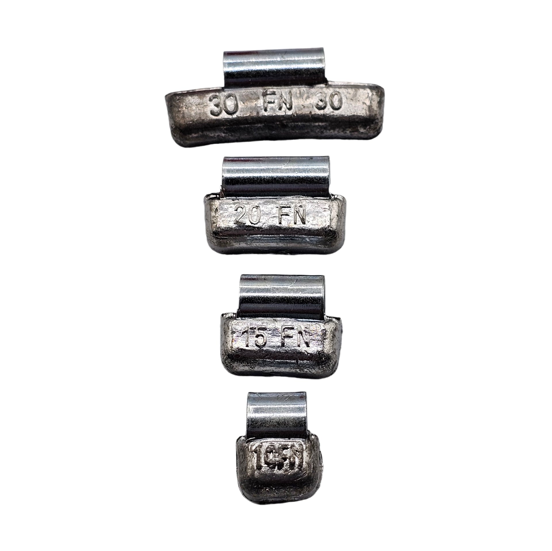 Set of five metal components with '30 FN' and '1958' markings on a white background