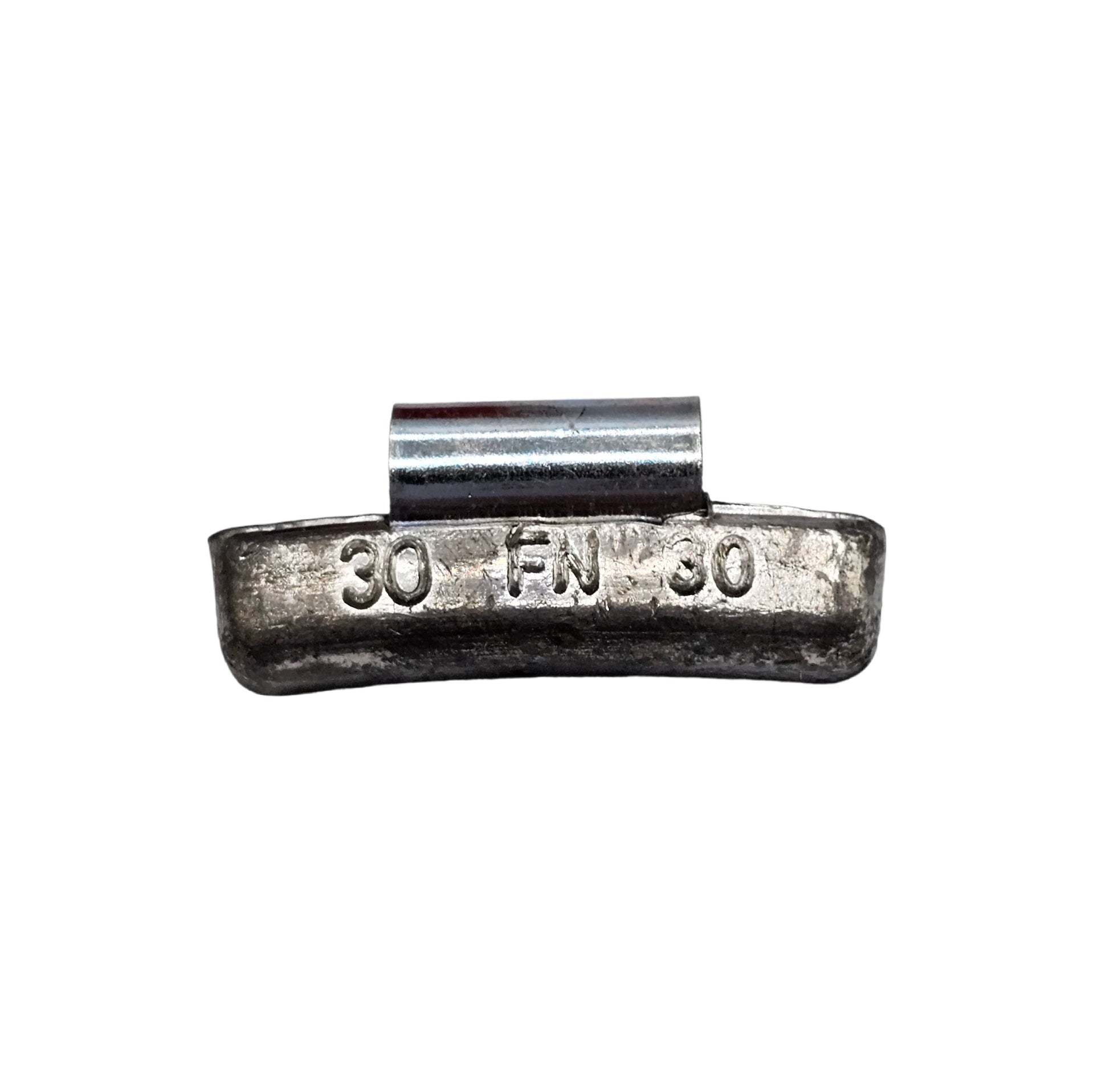 Metallic clip with '30 FN 30' engraving on a white background