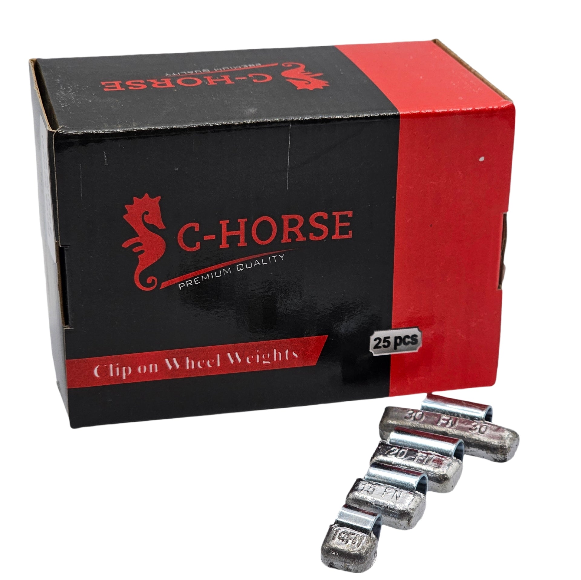 Box of C-Horse clip-on wheel weights with weights displayed in front