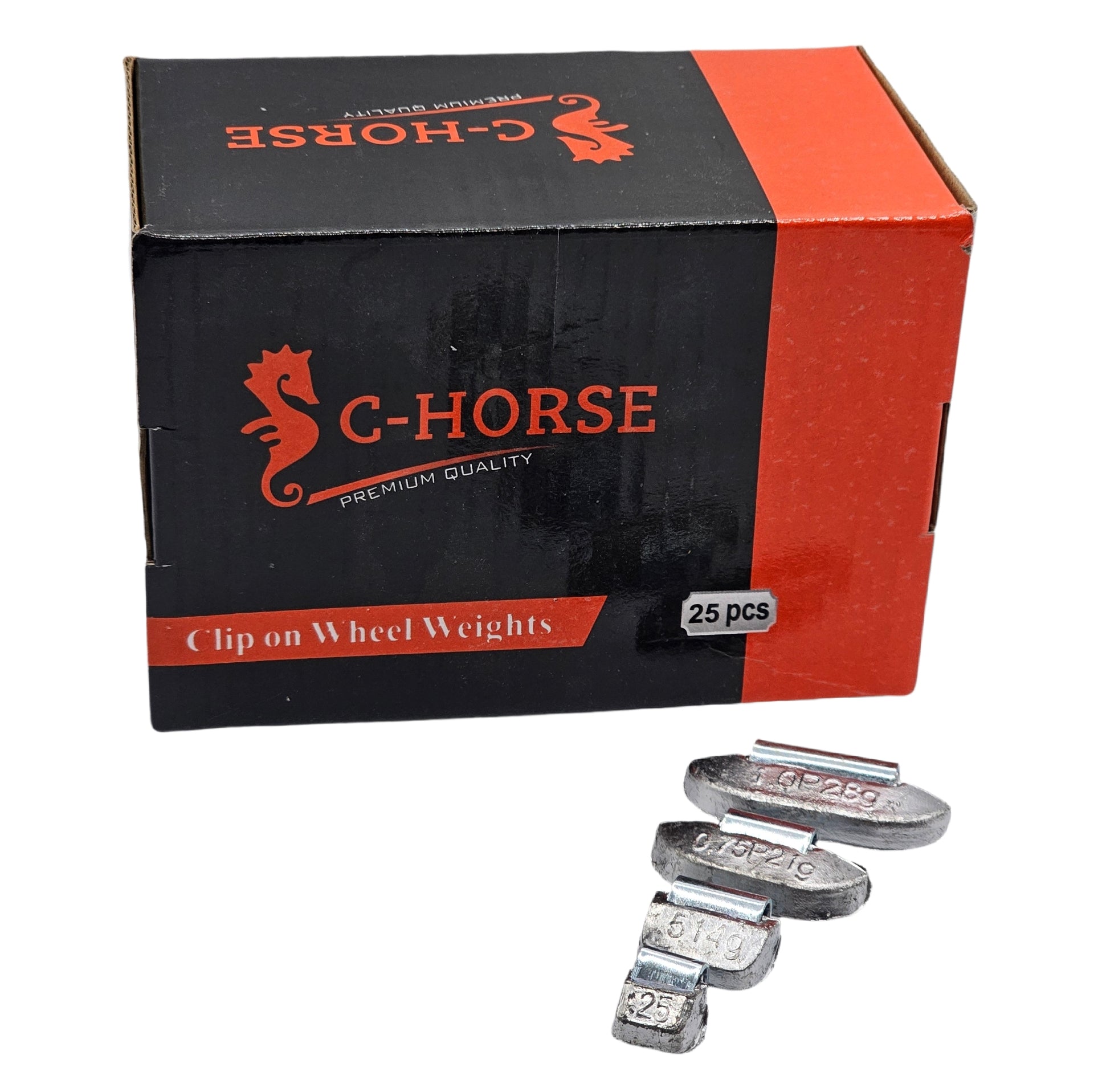 Box of C-Horse clip-on wheel weights with weights displayed in front