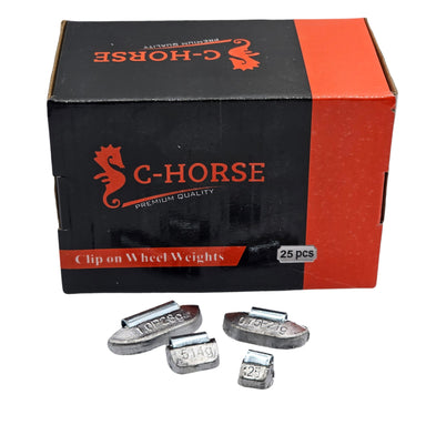 C-Horse clip-on wheel weights packaging with weights displayed in front