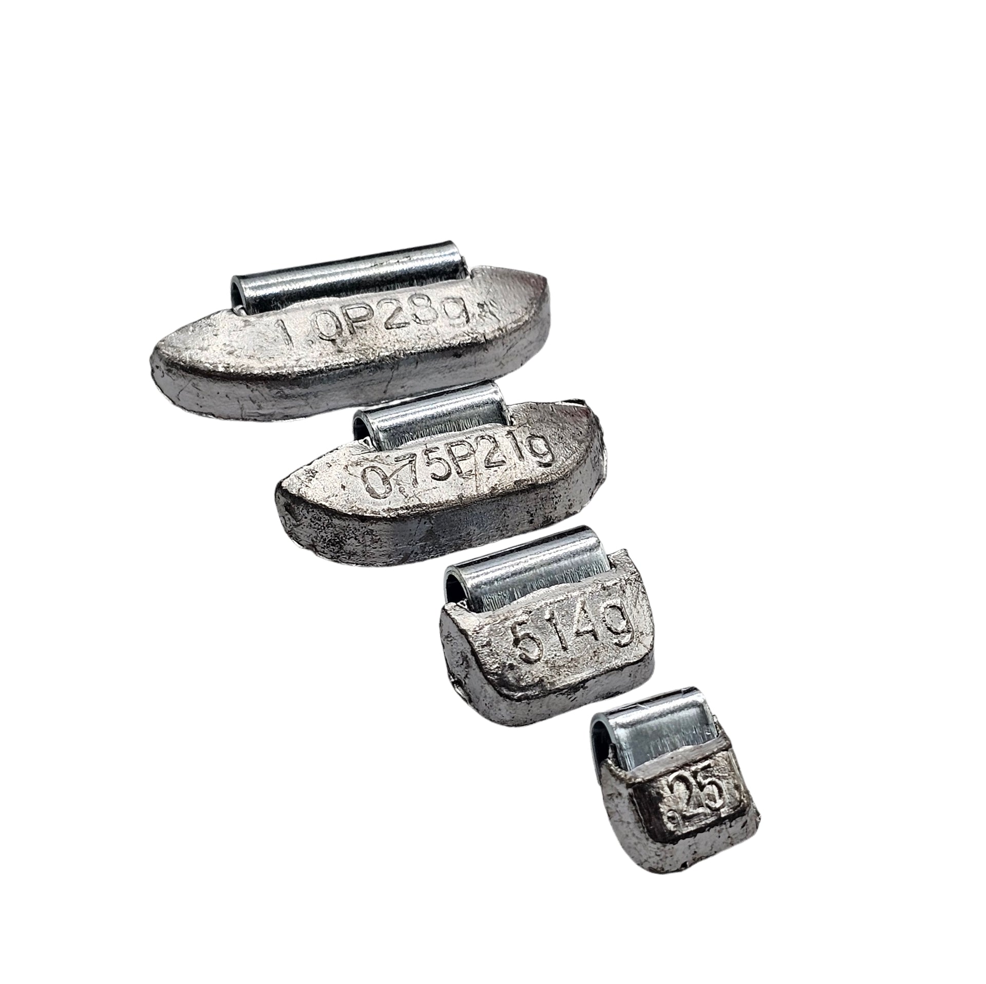 Set of metal weights with visible measurements on a white background