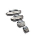 Set of metal weights with visible measurements on a white background