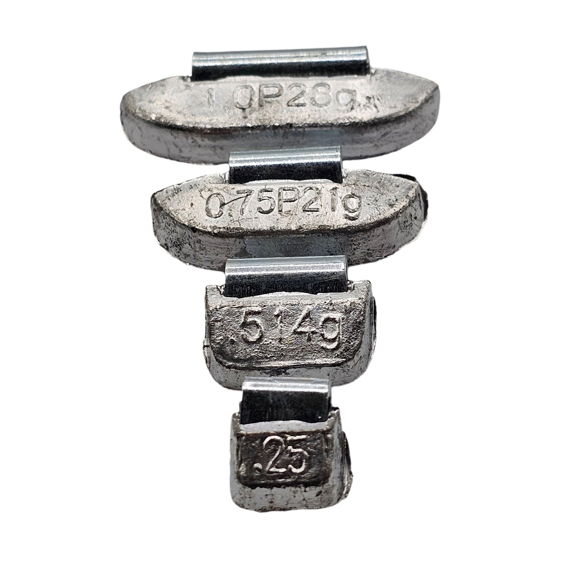 Set of metal weights with visible measurements on a white background