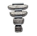 Set of metal weights with visible measurements on a white background