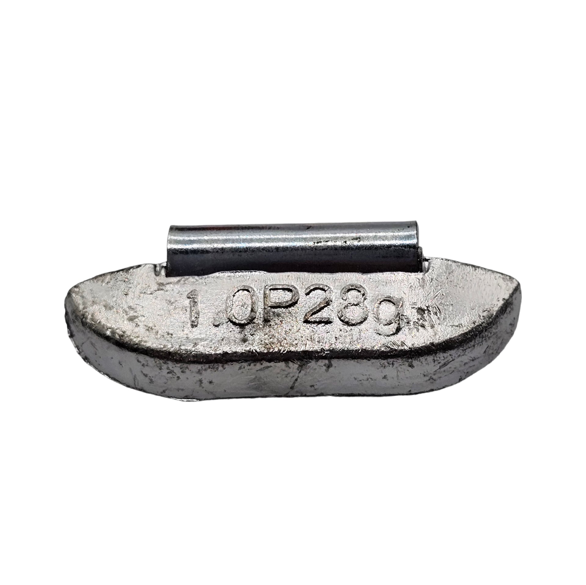 Metal weight with '1.0P28g' marking on a white background