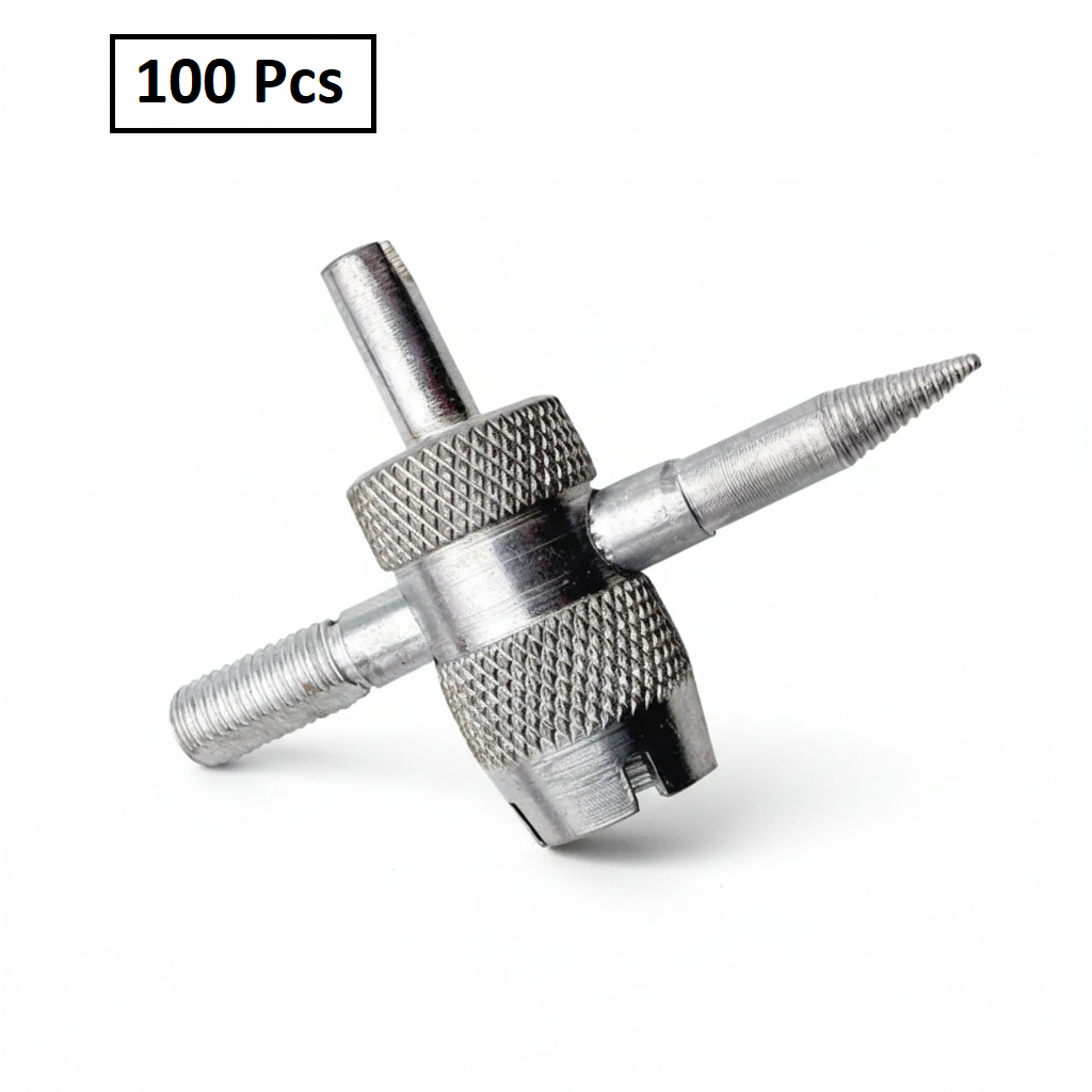4-Way Tire Valve Tool + 2 Core Removers - All-Silver 0.305"-32 TPMS-Safe