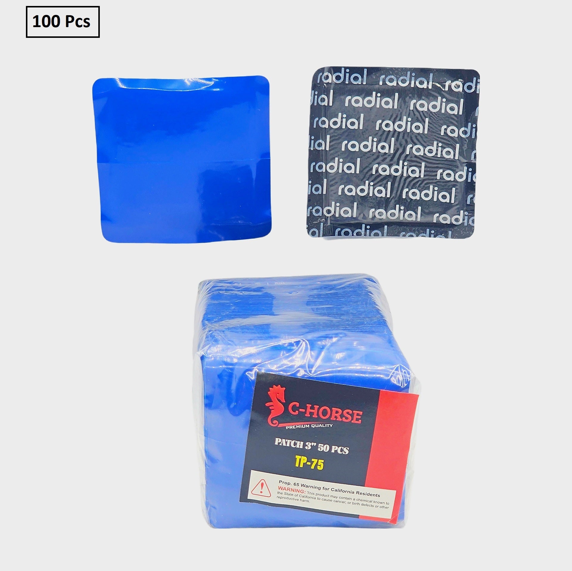 Large Square Radial Tire Repair Patch 76mm (3") for Passenger & Light Truck Tires (100-Pack)