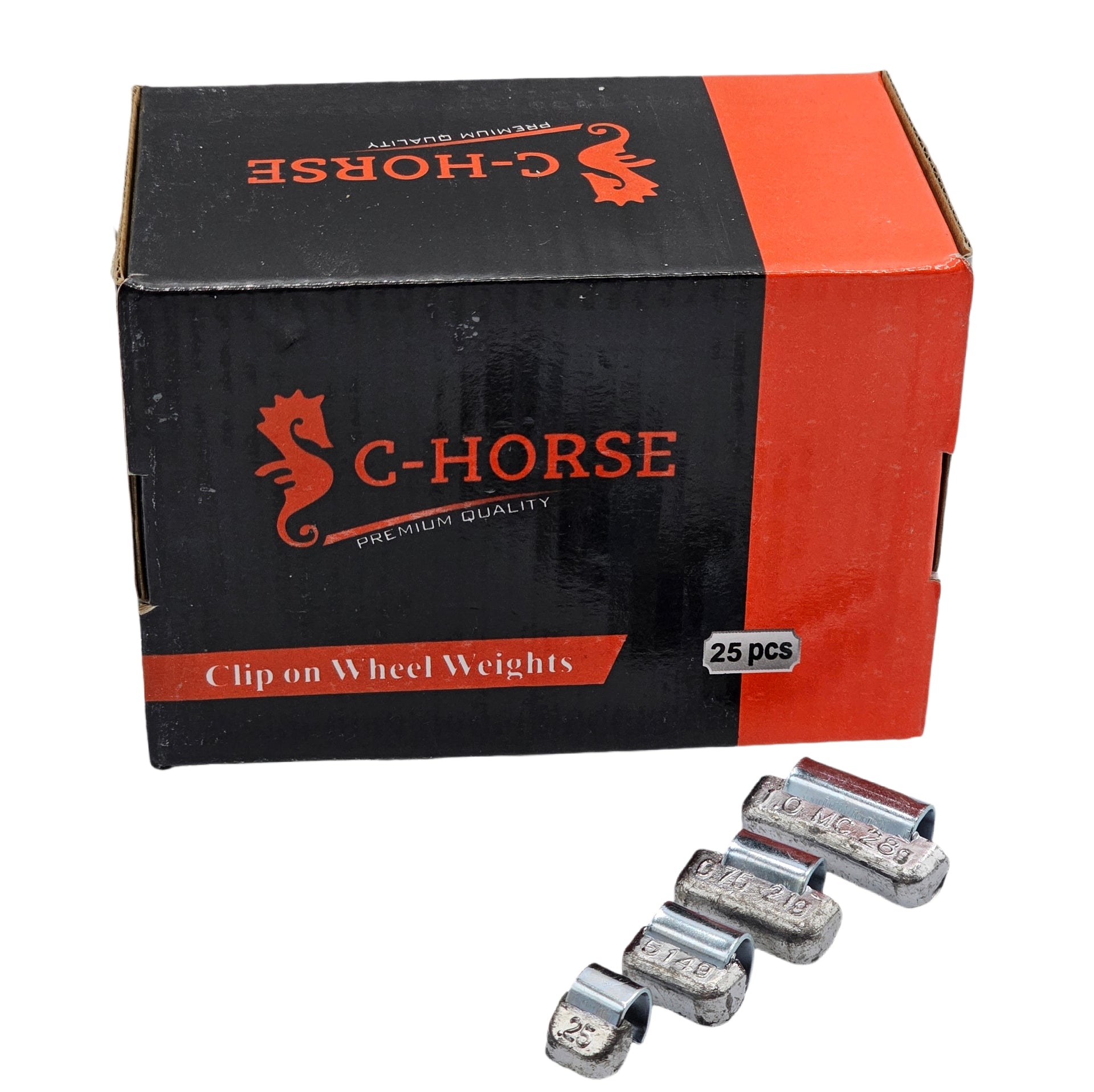 Box of C-Horse clip-on wheel weights with weights displayed in front