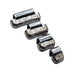 Set of four metal weights with engraved measurements on a white background