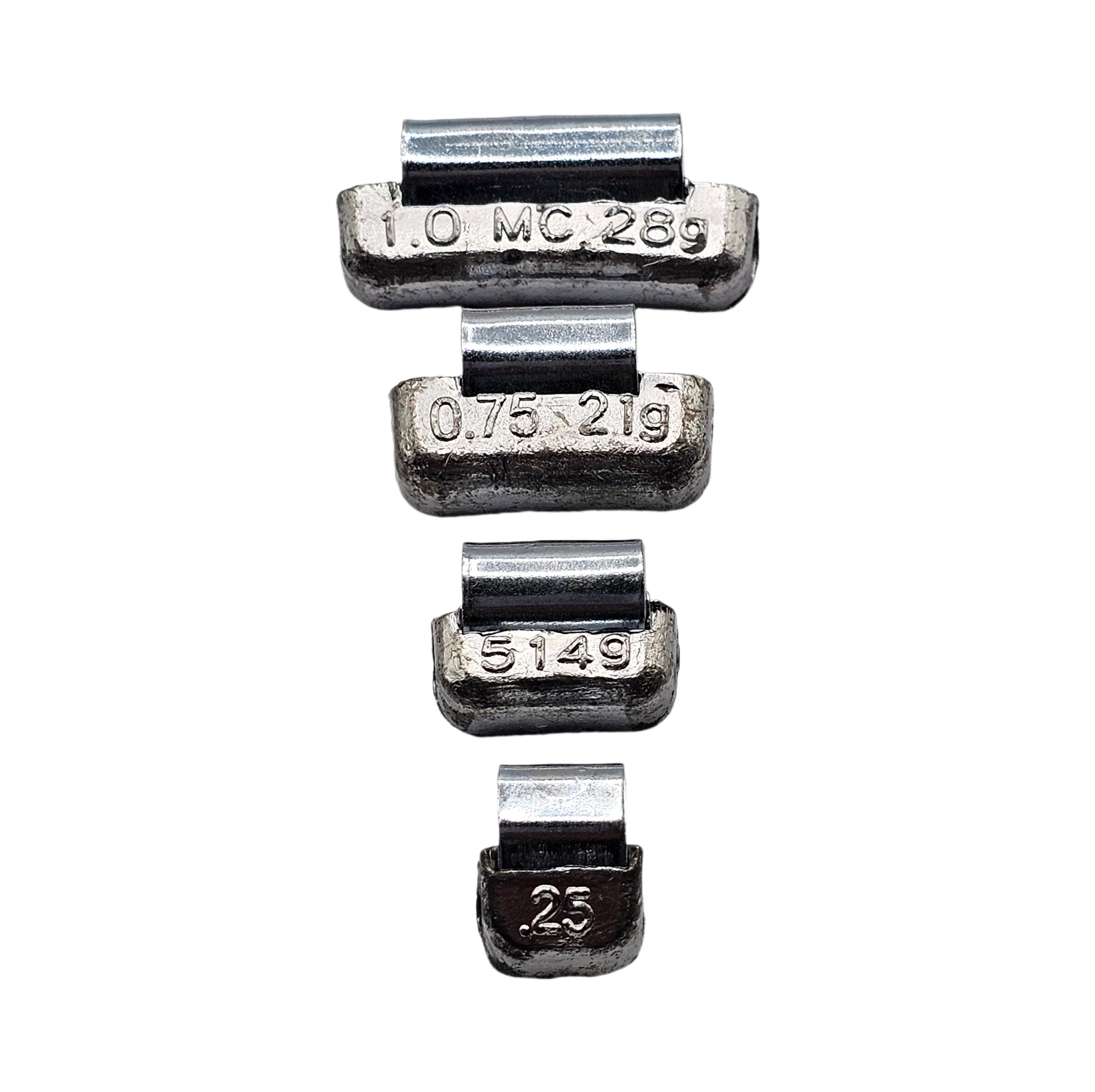 Set of metal weights with visible measurements on a white background