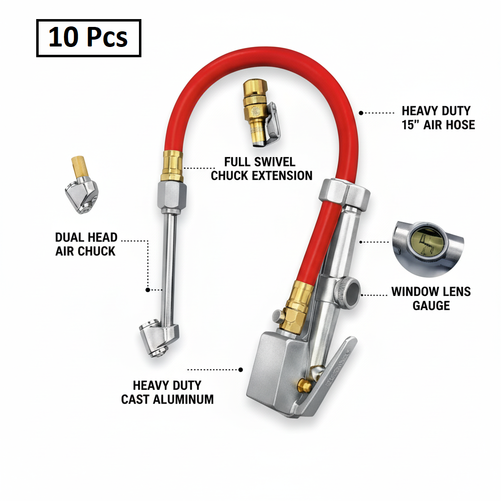 Tire Inflator with Pressure Gauge - 10-120 PSI Air Chuck Hose
