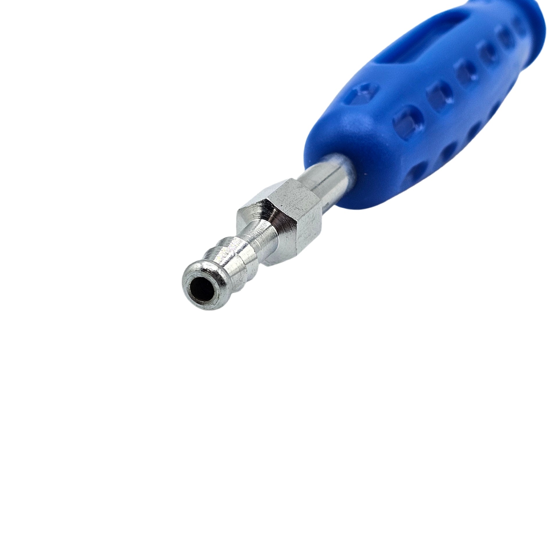 Blue tool with a metallic connector on a white background