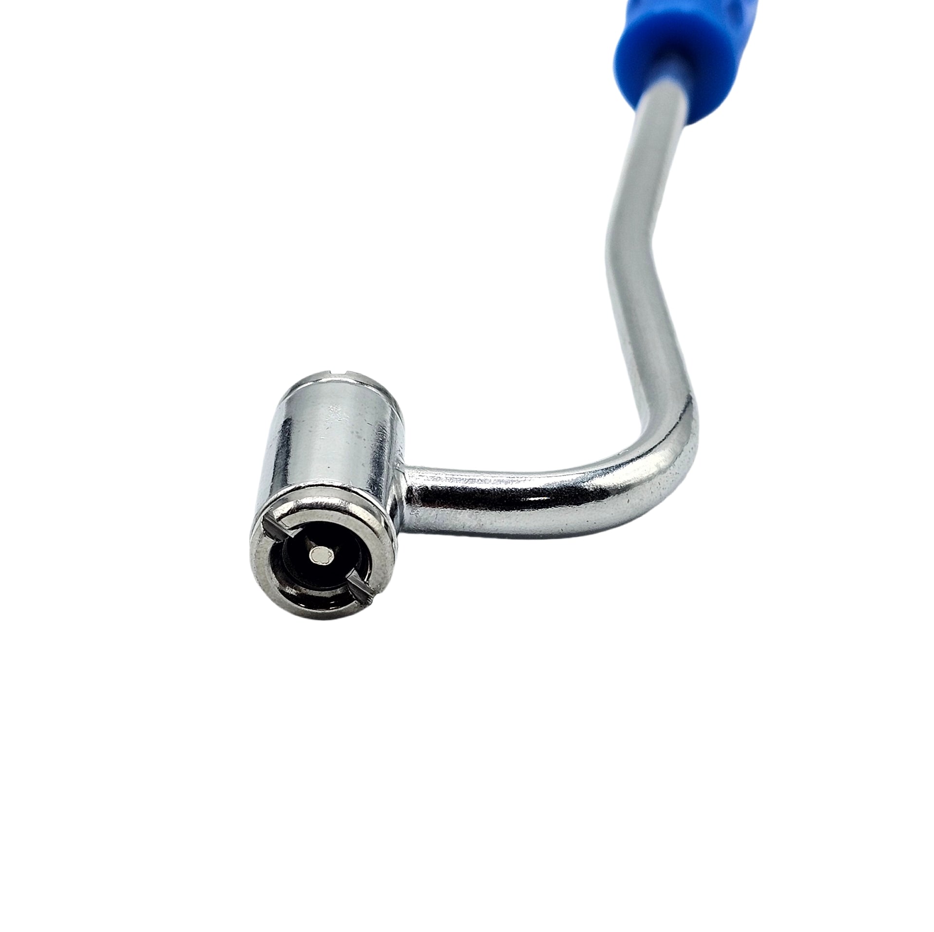 Metal tool with blue handle on a white background