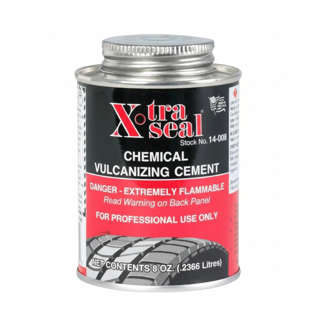 Can of Xtra Seal Chemical Vulcanizing Cement with warning label 