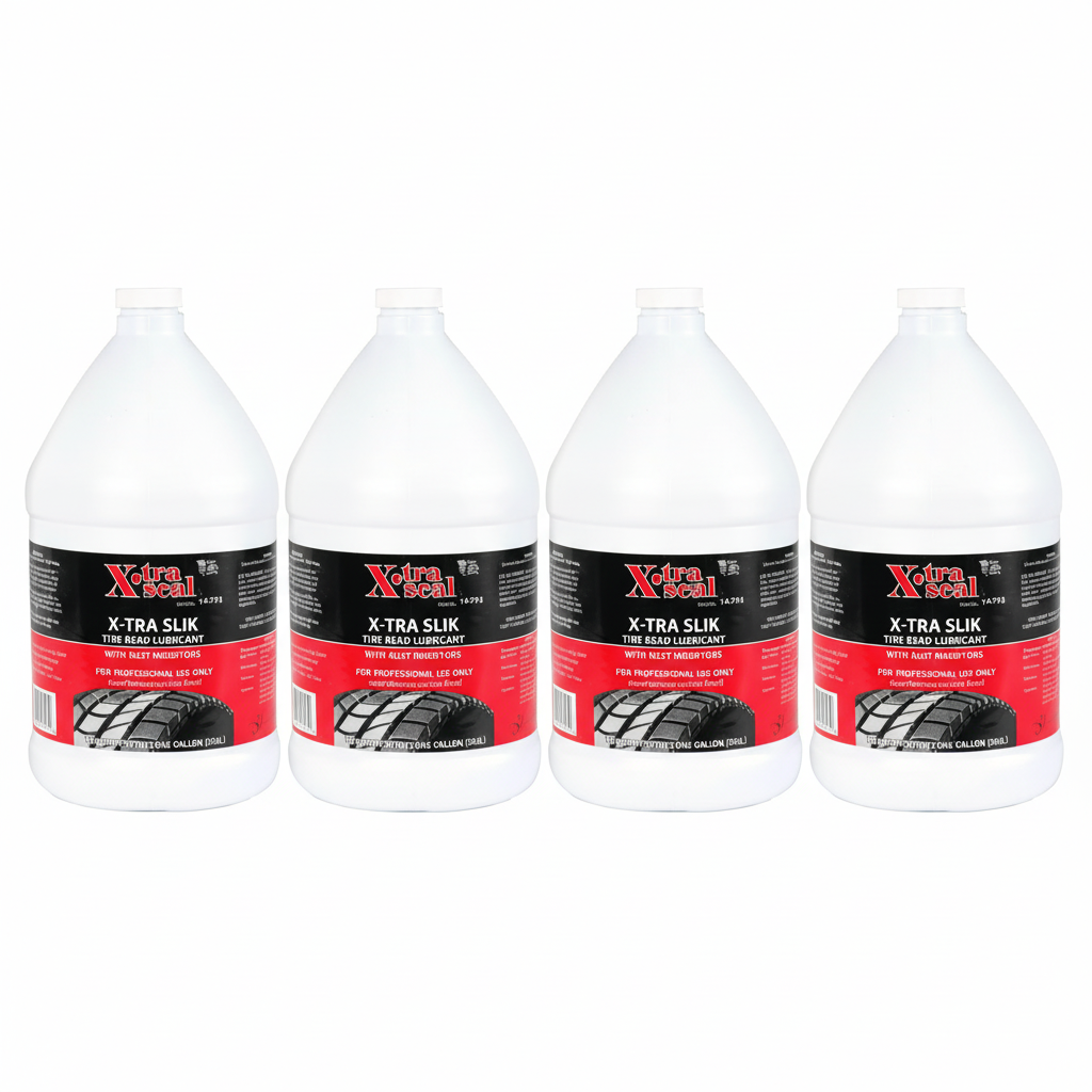 Four bottles of Xtra Seal X-Tra Slik tire sealant on a white background