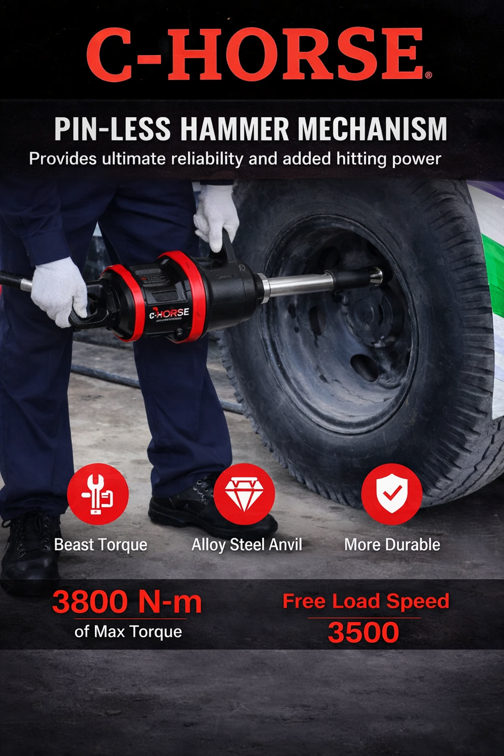 1-Inch Air Impact Wrench with Max Torque up to 3800 N·m and Free Load Speed 3500