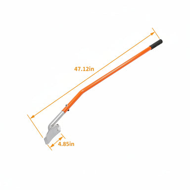 Garden tool with measurements on an orange handle and silver blade.