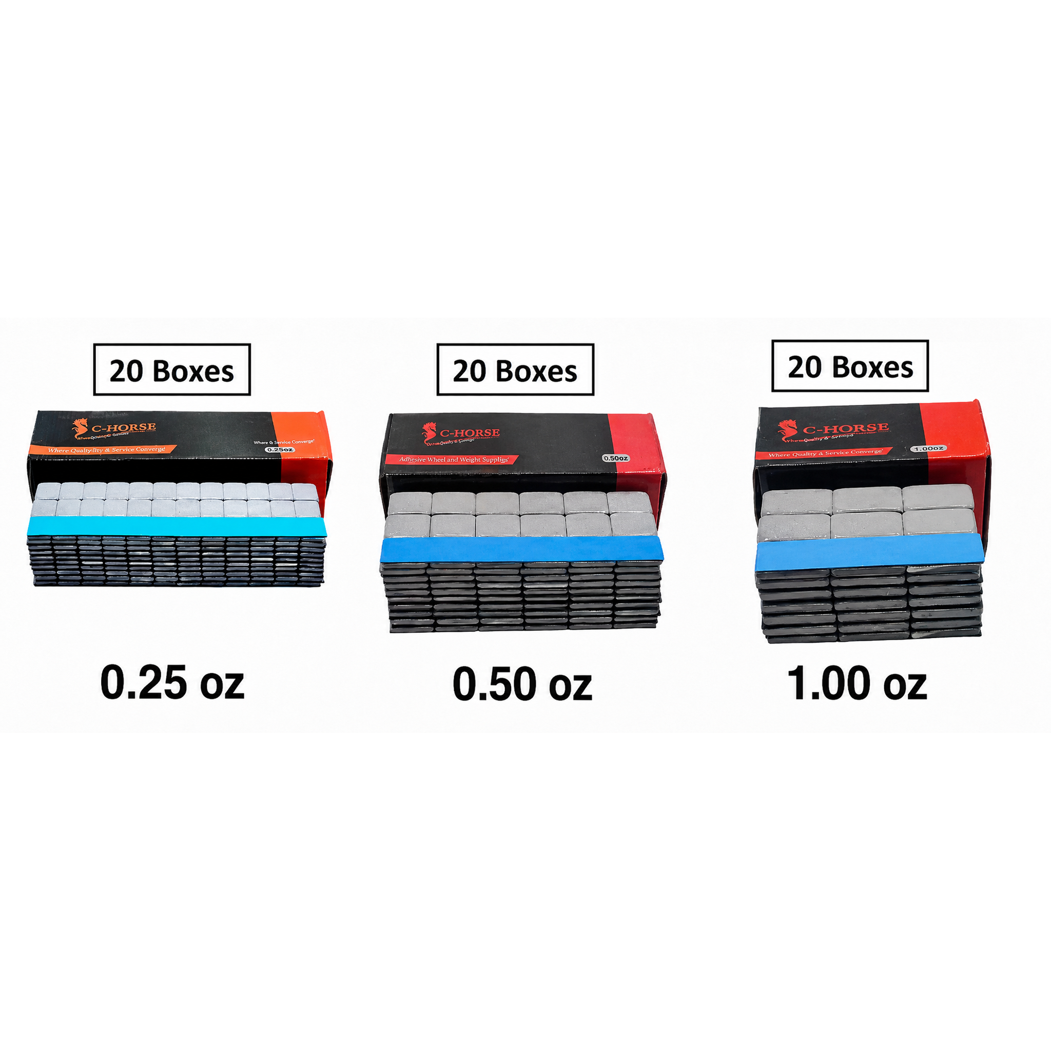 0.25oz, 0.50oz, 1oz Grey Stick-On Wheel Weights Bundle (20 Box Each)