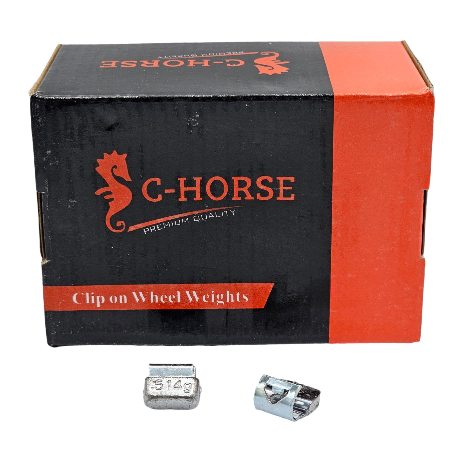 C-Horse clip-on wheel weights packaging with weights displayed in front