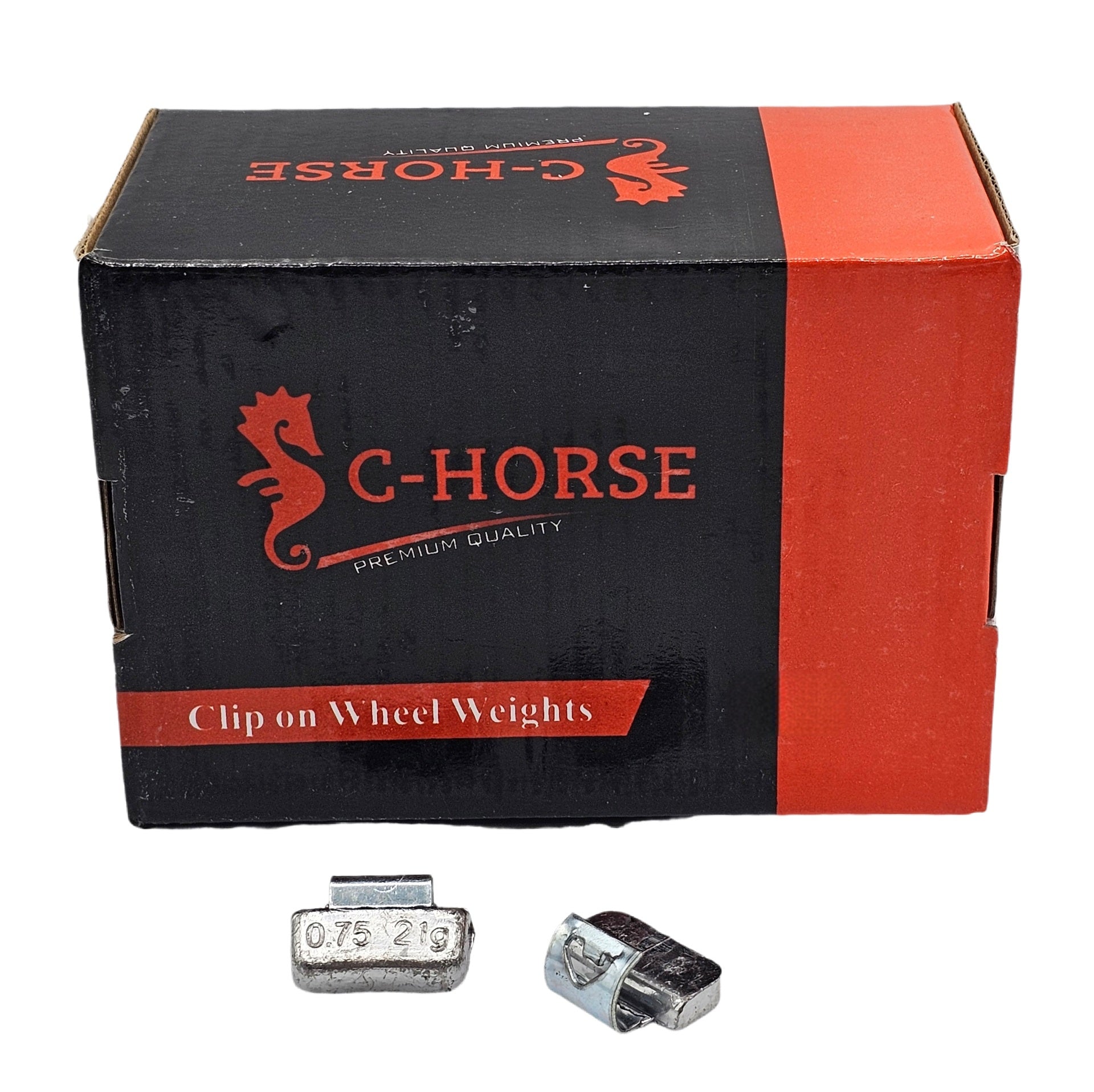 C-Horse clip-on wheel weights packaging with weights displayed below.