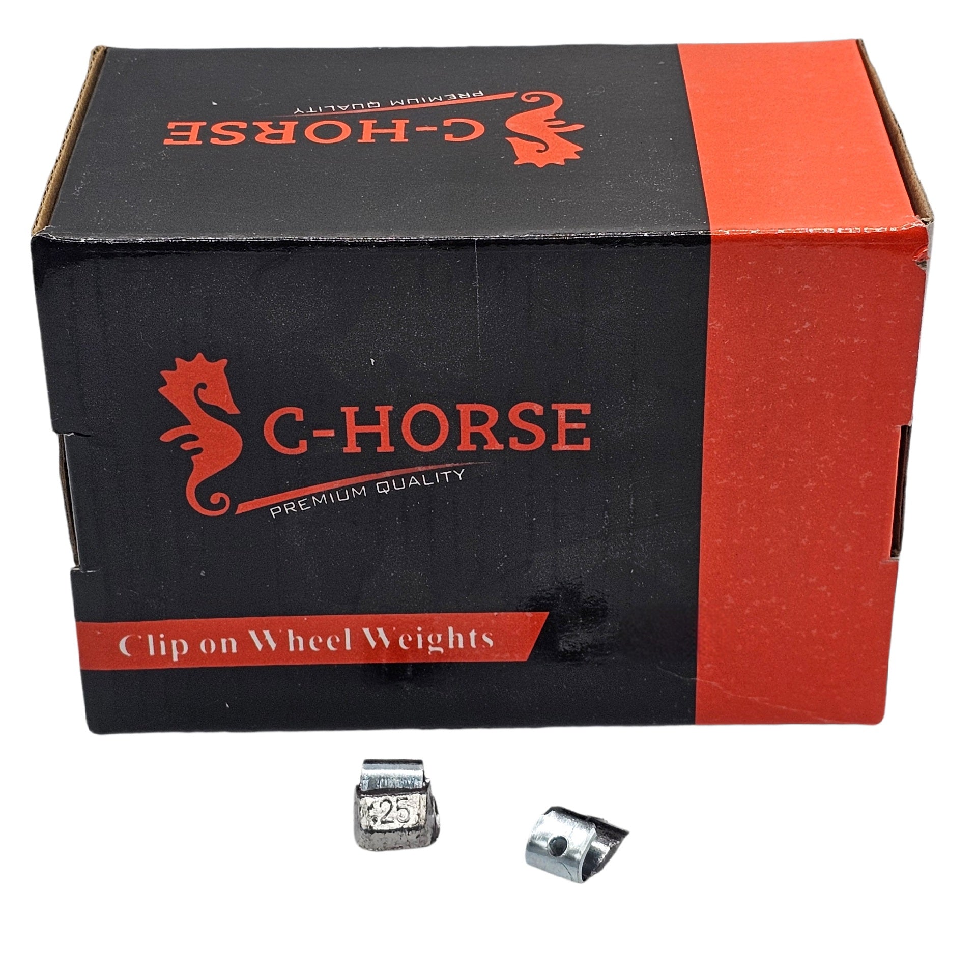 C-Horse clip-on wheel weights packaging with weights in front