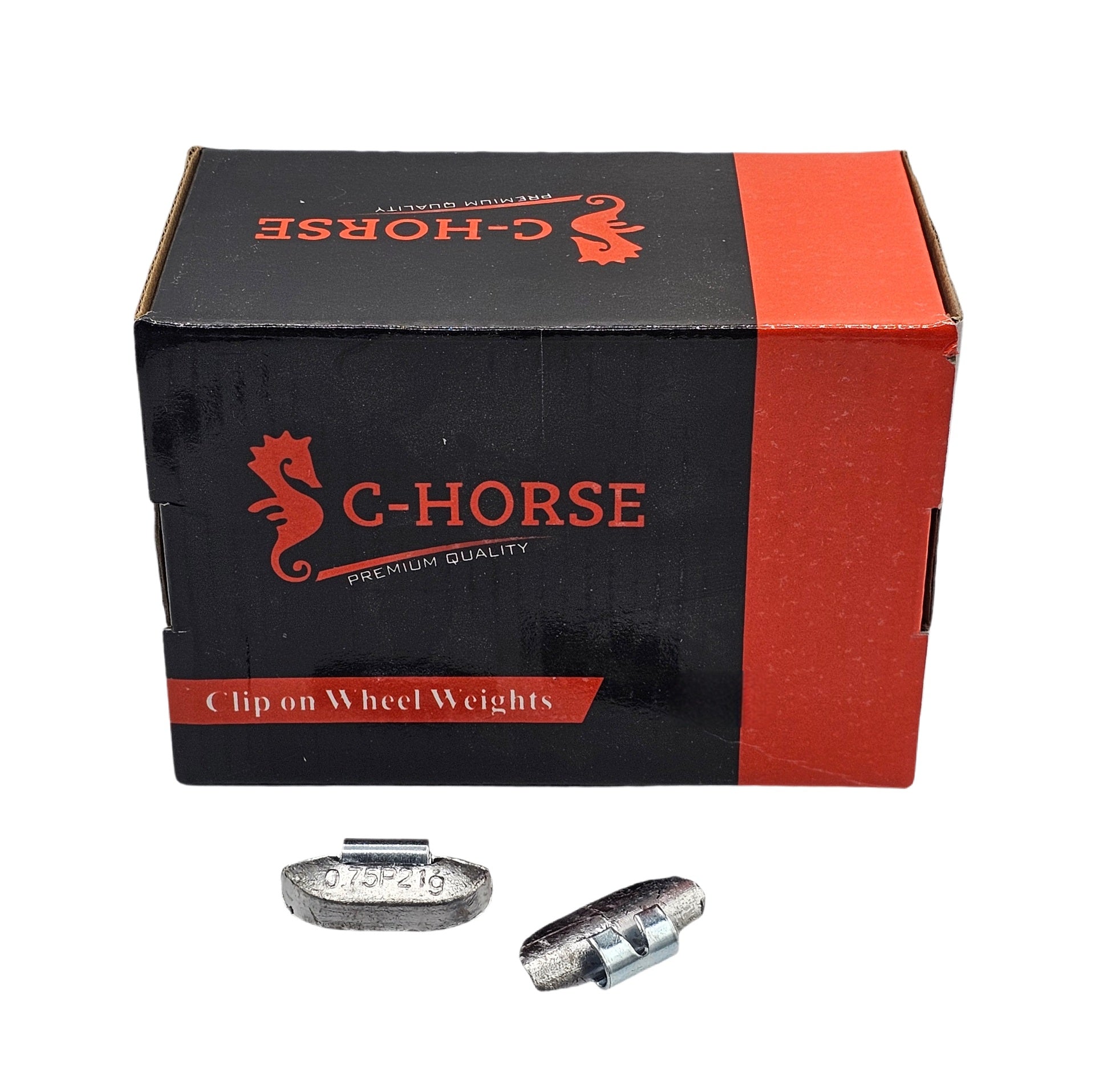 C-Horse clip-on wheel weights packaging with weights displayed in front