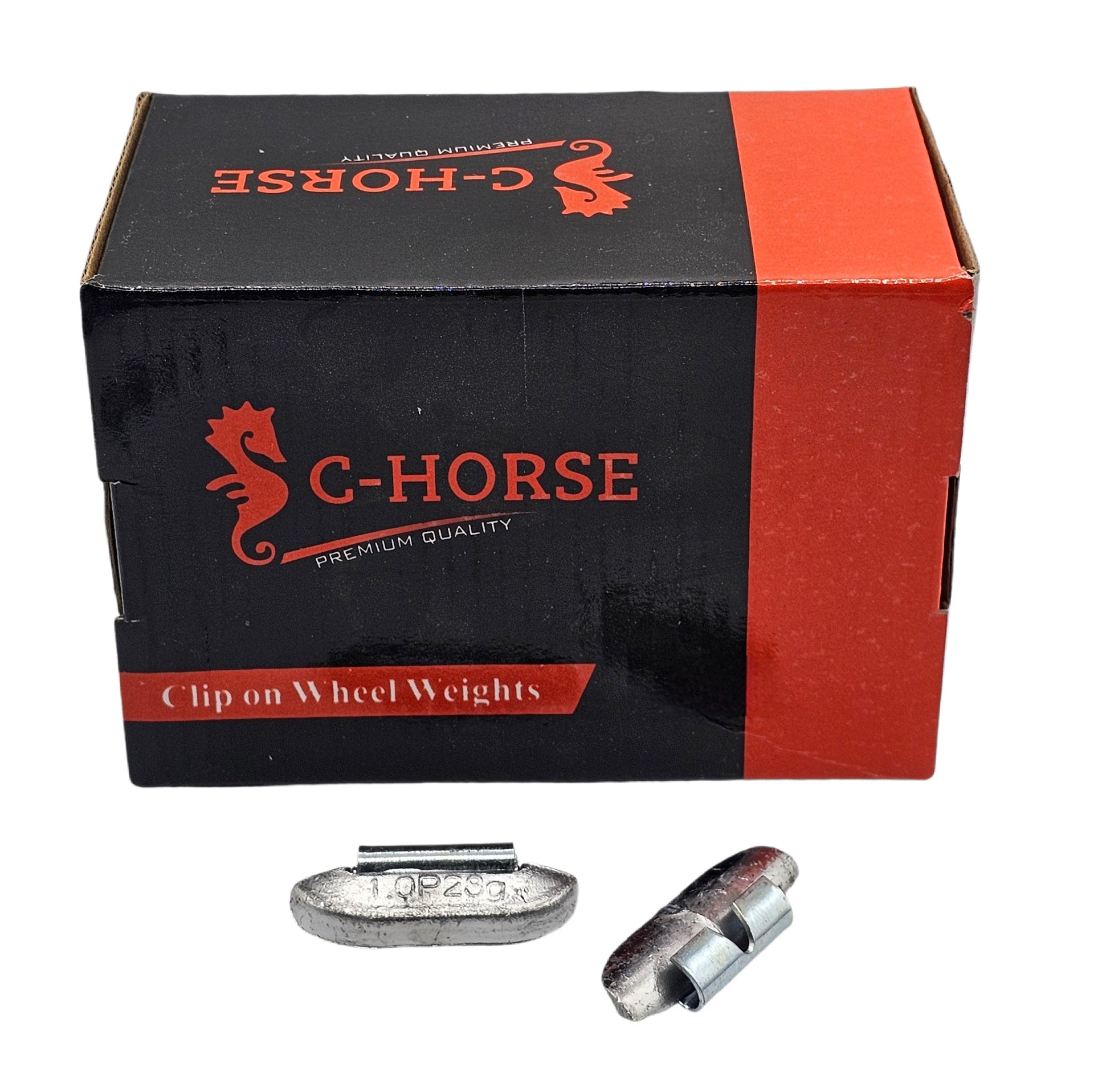 C-Horse clip-on wheel weights packaging with weights displayed in front