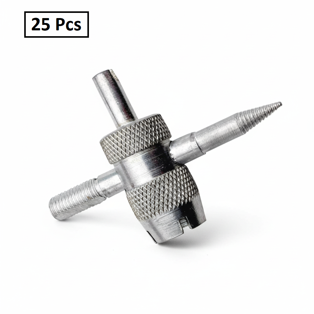 4-Way Tire Valve Tool + 2 Core Removers - All-Silver 0.305"-32 TPMS-Safe