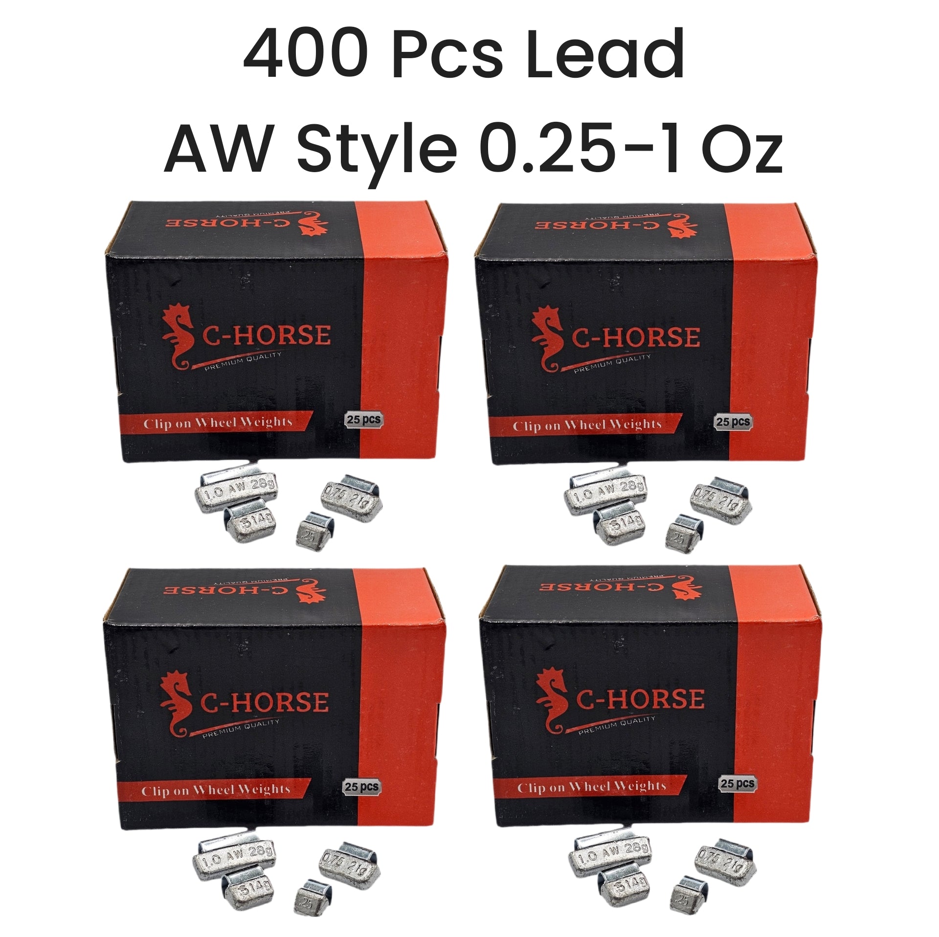 Four boxes of C-Horse clip-on wheel weights with lead AW style 0.25-1 Oz on a white background.