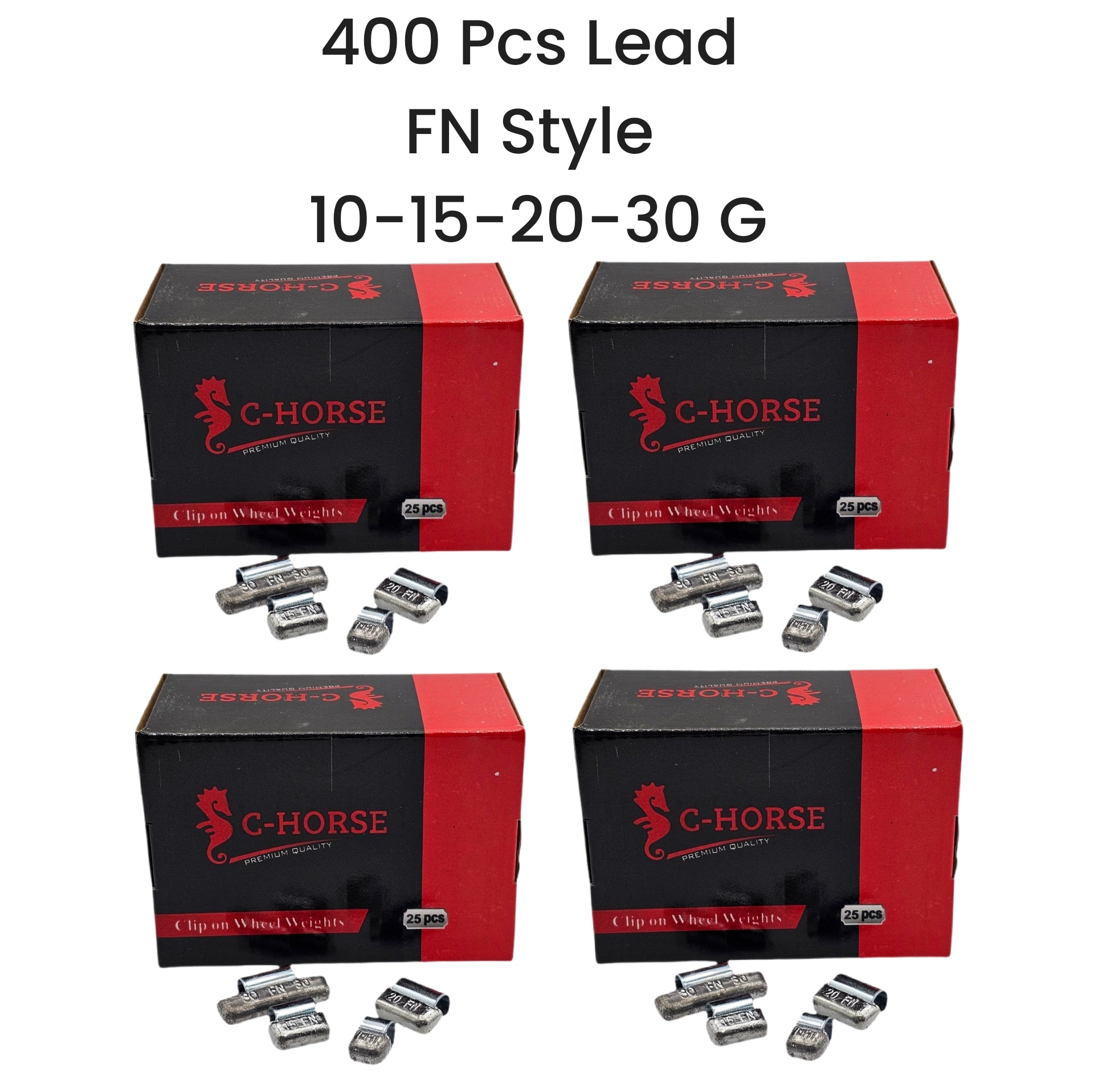 Four boxes of C-Horse clip-on wheel weights with lead weights displayed in front on a white background.
