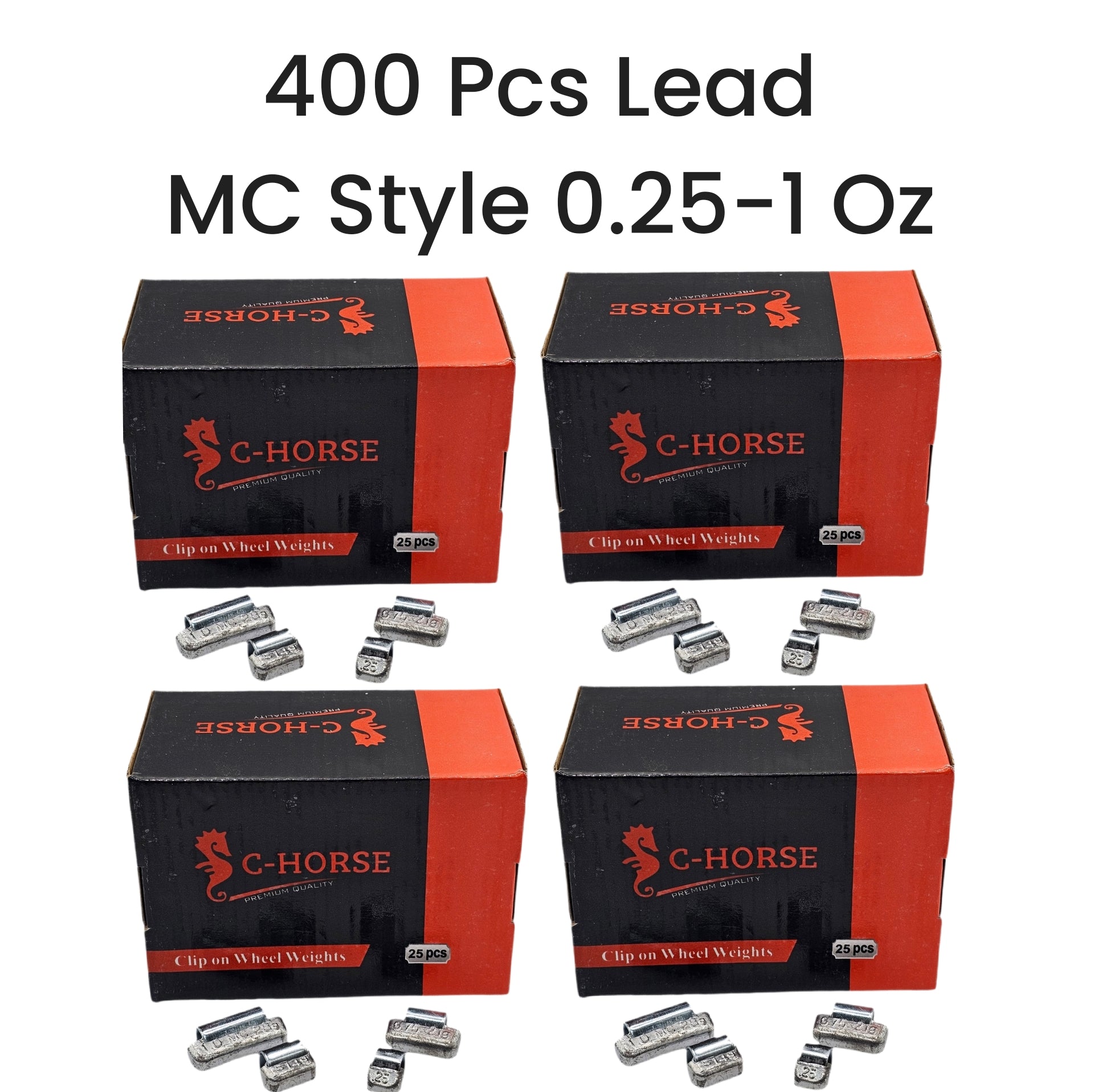Four boxes of C-Horse clip-on wheel weights with lead pellets displayed in front on a white background.