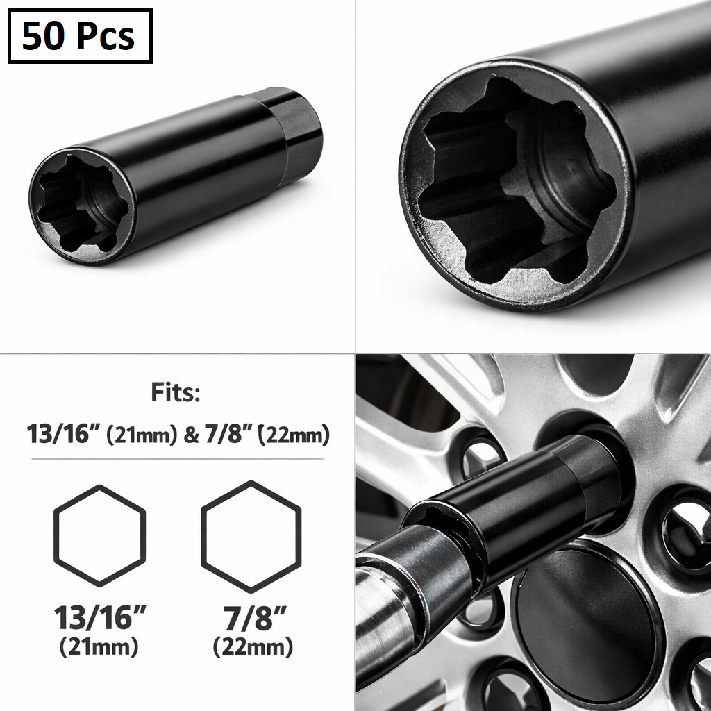 7-Spline Lug Nut Key - Steel Wheel Lock Tool 13/16" & 7/8" Hex