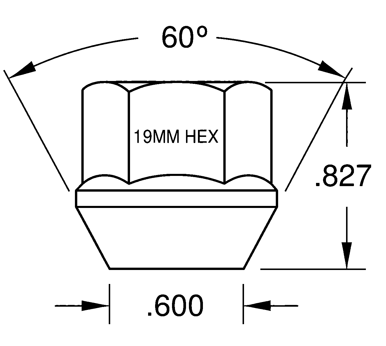 5550 Zinc Open End Bulge Lug Nut – 1/2" Thread, 19mm Hex, 0.827" Tall, 60° Degree