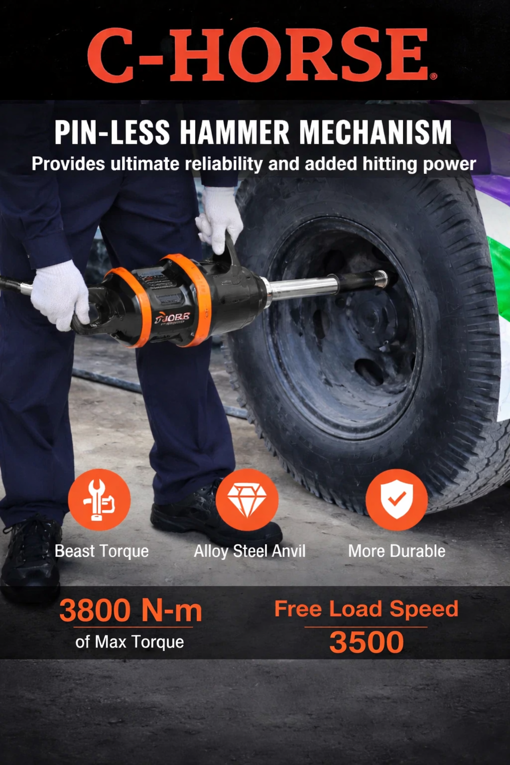 1-Inch Air Impact Wrench with Max Torque up to 3800 N·m and Free Load Speed 3500