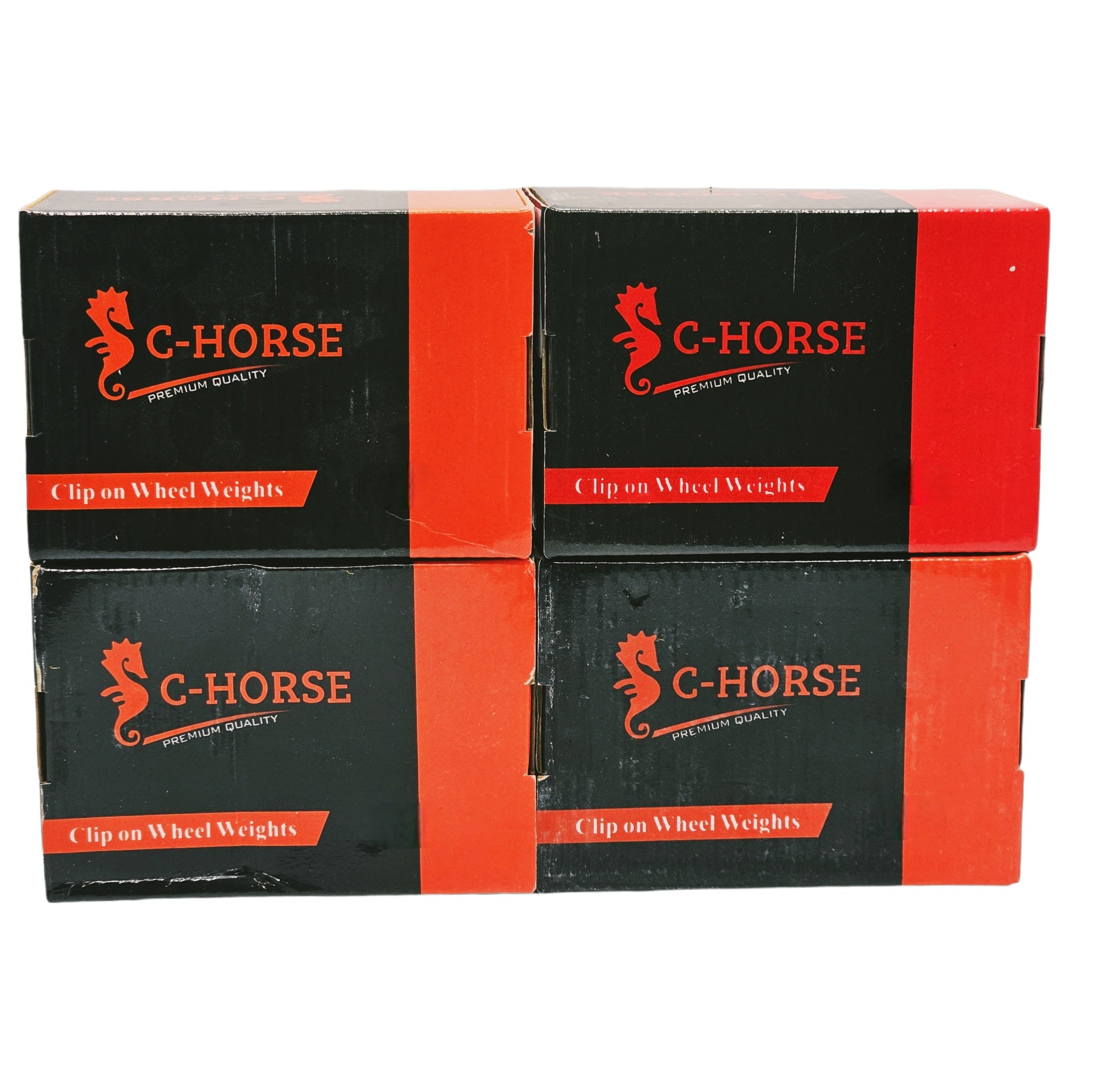 Stack of C-Horse clip-on wheel weights boxes on a white background