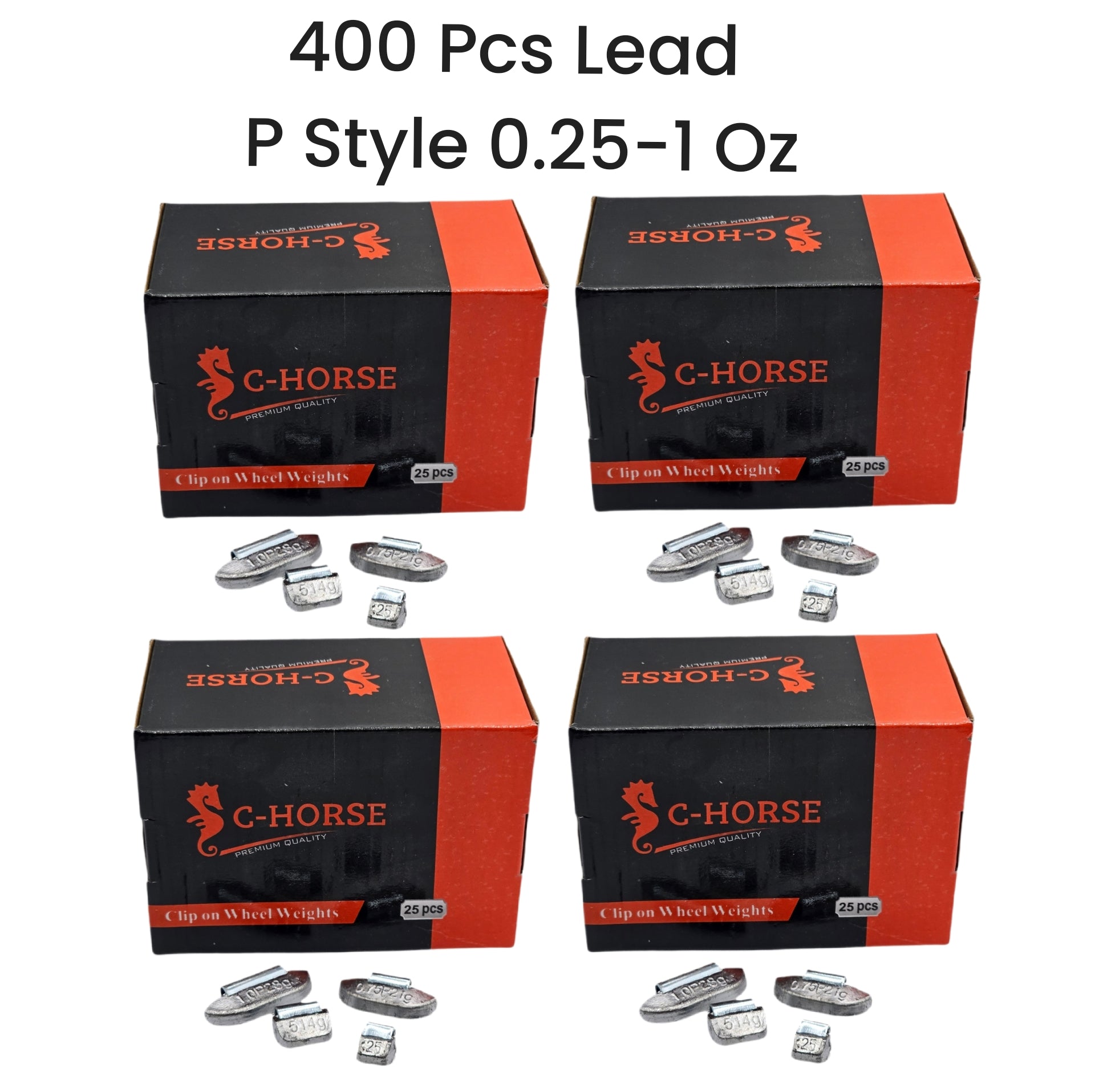 Four boxes of C-Horse lead weights with small metal weights displayed in front on a white background.