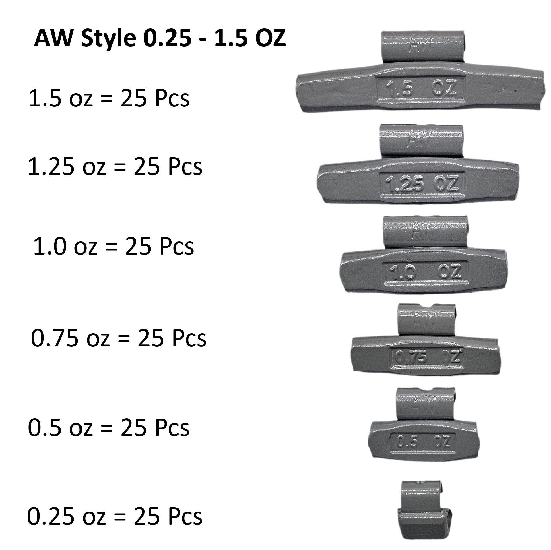 150pc AW Clip-On Wheel Weight Assortment - 0.25-1.50oz Gray Coated