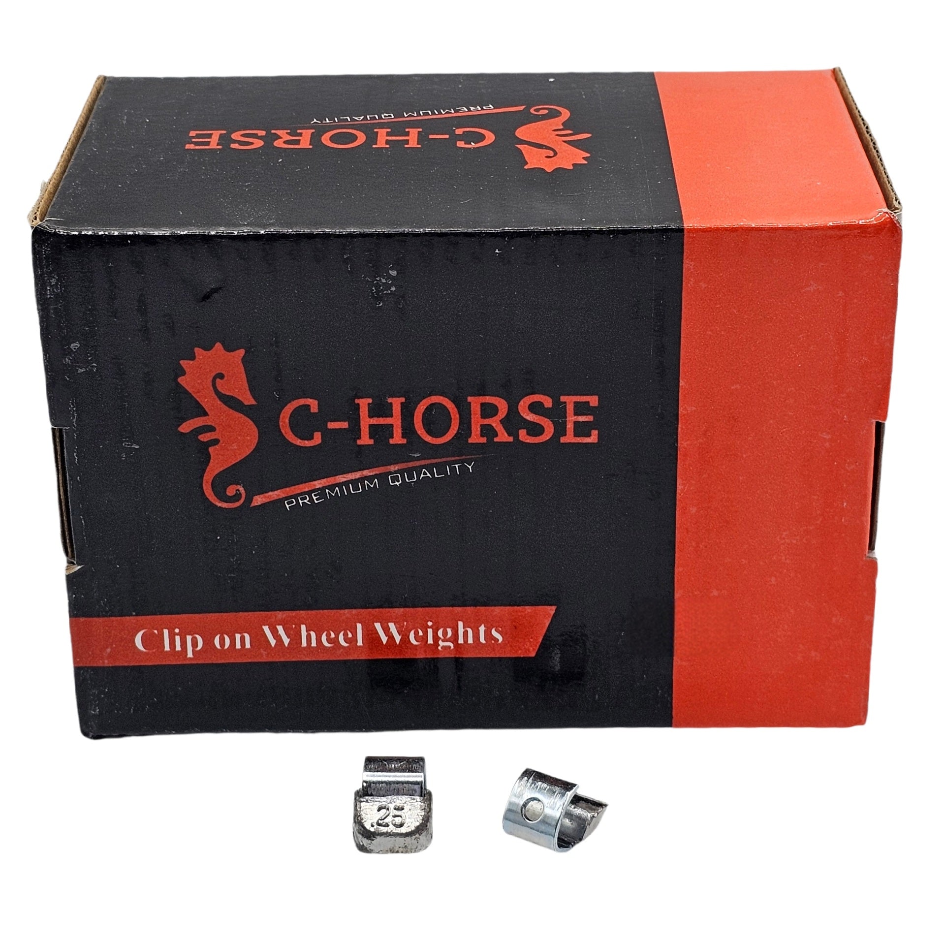 C-Horse clip-on wheel weights packaging with two weights in front